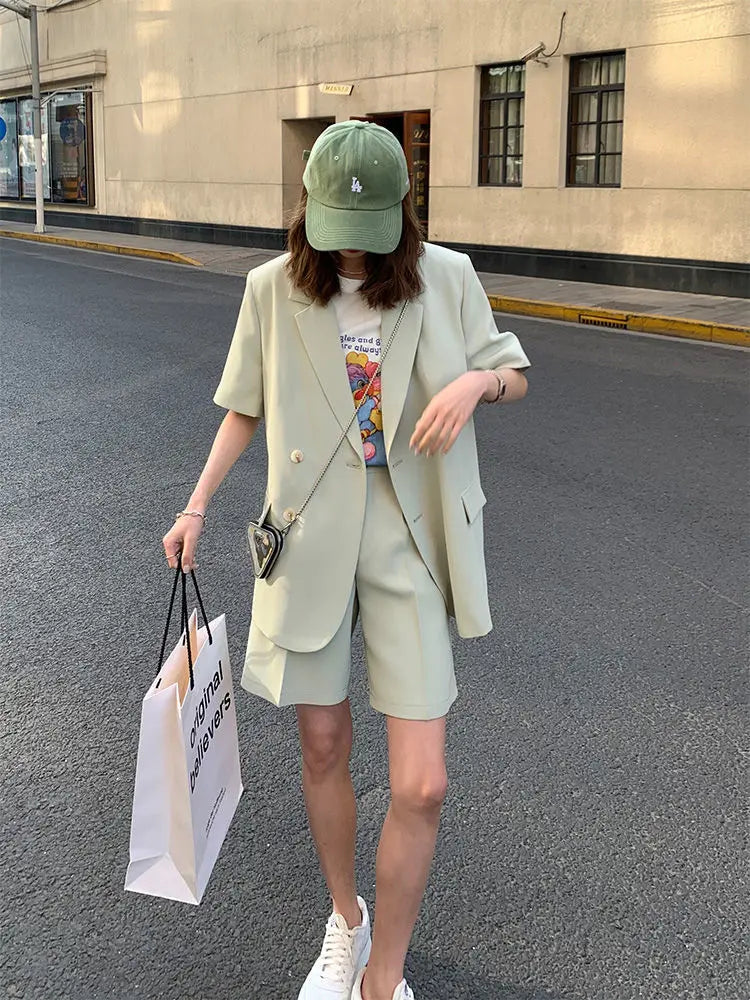 Clothing White 2024 Sleeve Summer Korean Style Blazer and Shorts Suit for Woman Kit Women's Short Pants Sets Complete Two Pieces