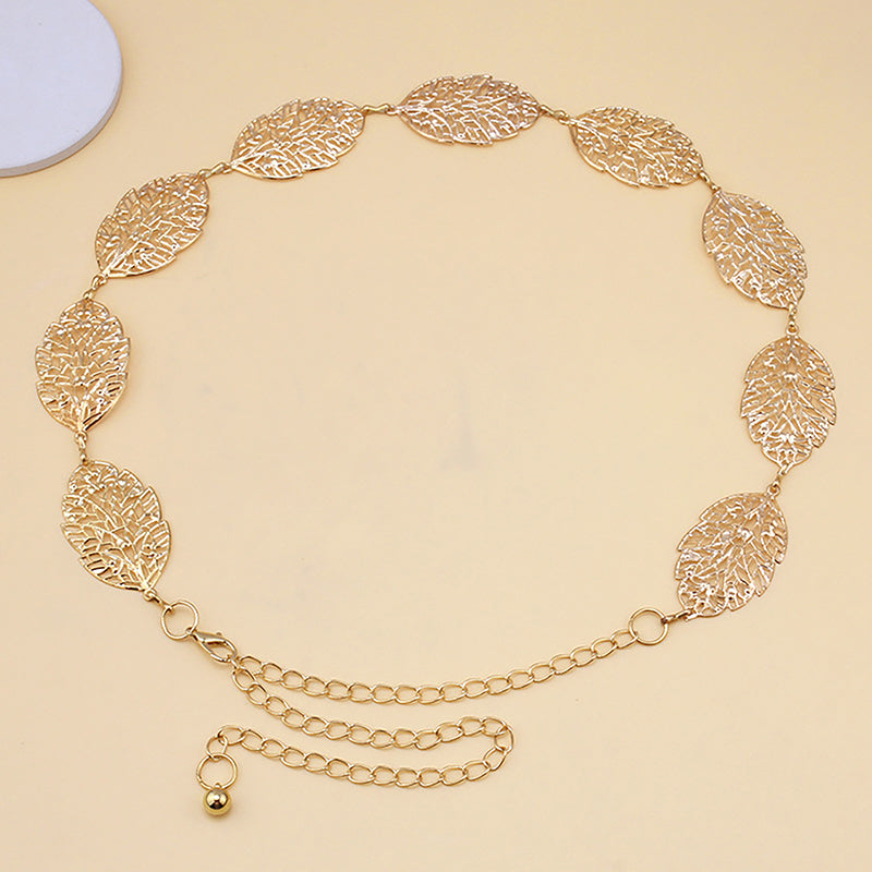 Fashion Simple Openwork Leaf Decorated Chain Belt Thin Waist Chain Ladies Decoration Waistband Dress Metal Jewelry Accessories
