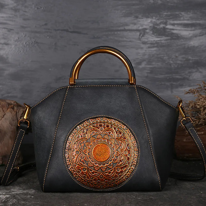 Genuine Embossed Leather Messenger Top Handle Bag Retro Handbag Totem Pattern High Quality Natural Skin Women Shoulder Tote Bags