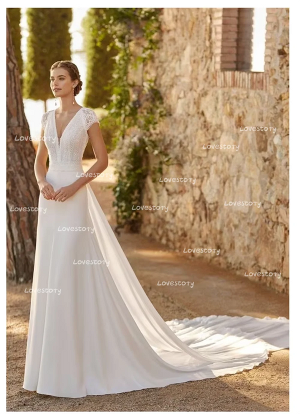 Ivory Lace Satin Modern Wedding Dresses With Detachable Train V-Neck Cap Sleeves Bride Gowns Plus Size Cut-Out Vestidos De Noiva