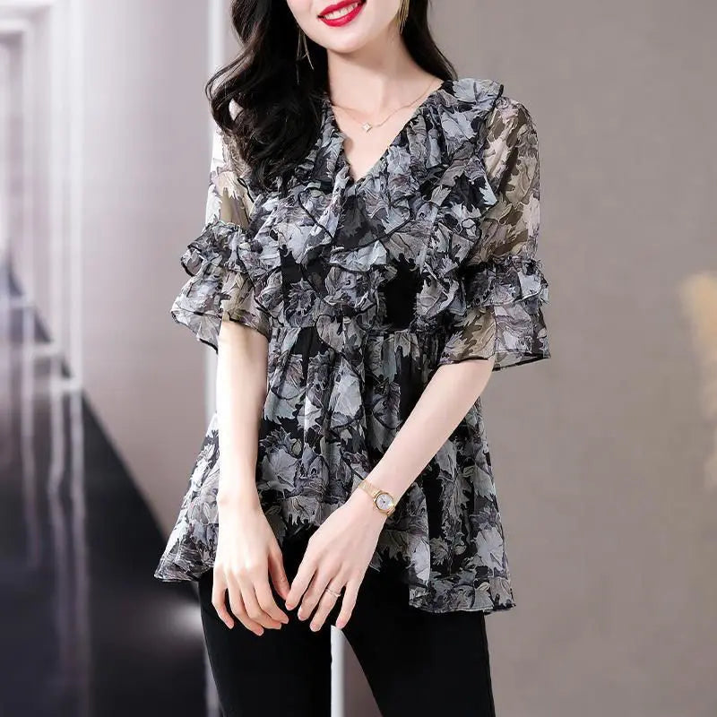 Y2K Elegant Vintage Women Chic Chiffon Shirts Summer New Office Lady Fashion Short Sleeve Casual Ruffles V-neck Pullover Bloouse