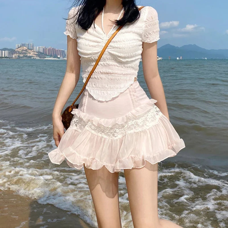 HOUZHOU Kawaii Cute Ruffle Skirt Women Pink Lolita High Waist Lace Patchwork Fairycore Mesh A-line Mini Skirt Summer Mori Girl