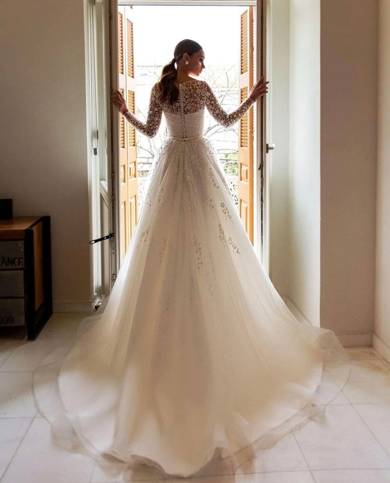 A-line Champagne Tulle Wedding Dress Long Sleeve V-neck Plus Size Lace 2022 Tulle Wedding Dress 2022 Custom Made Robe De Mariee