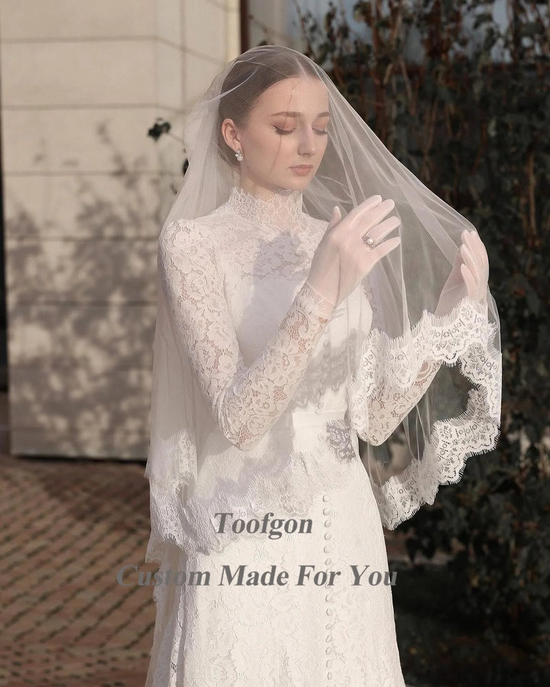 Toofgon All Lace Wedding Dresses A Line Long Sleeve Wedding Gowns High Neck Buttons Formal Bride Dress Women Party Bridal Gowns