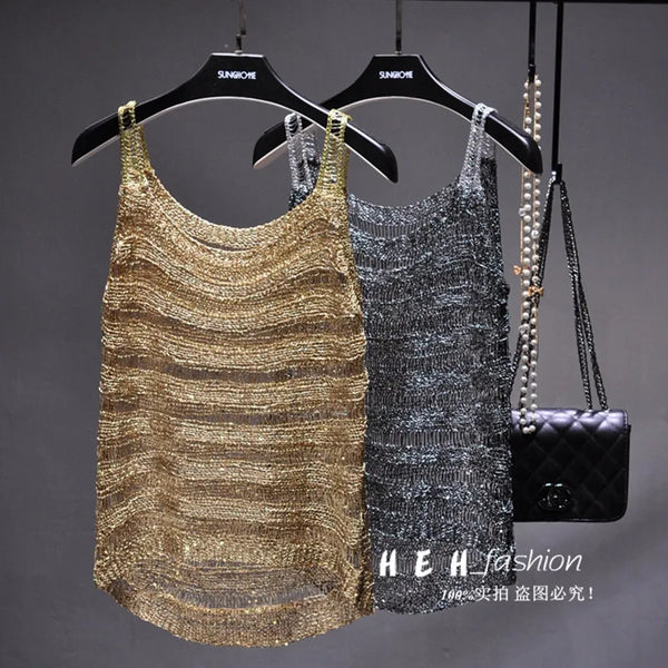 2023 new summer gold thread bright silk hollow camisole shiny thin sexy see-through top crop tops women 2020  tops for women