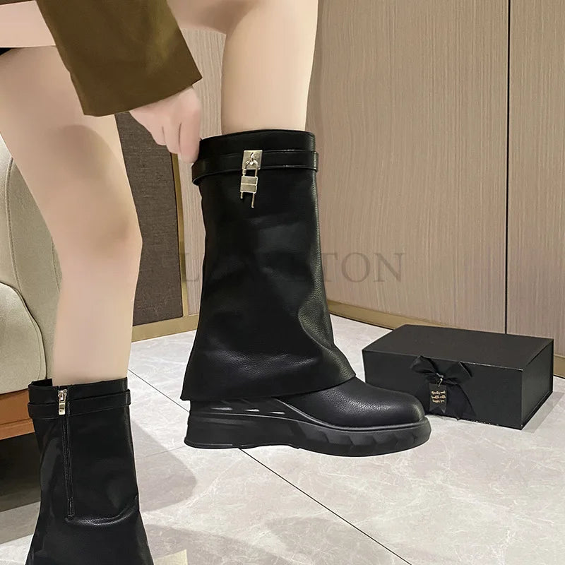 Luxury Fashion Women’s The Knee Boots New Platform Wedge Heel Boots  Round Toe Shoes Shark Lock Vintage Long Boots