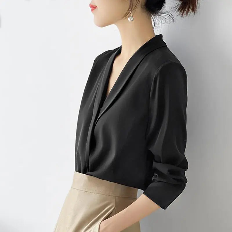 Women's Tunic V Neck Solid Color Elegant Blouses Spring Autumn Office Lady Silk Satin Solid Black White Long Sleeve Shirt Women