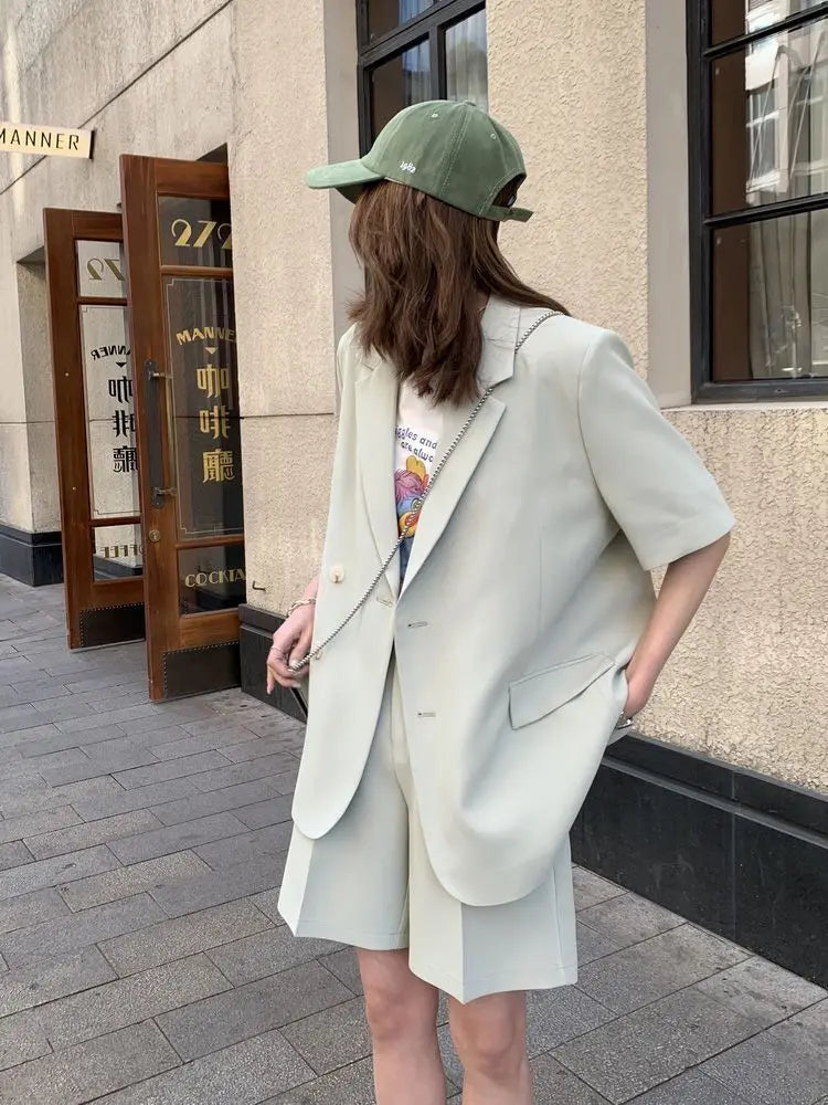 Clothing White 2024 Sleeve Summer Korean Style Blazer and Shorts Suit for Woman Kit Women's Short Pants Sets Complete Two Pieces