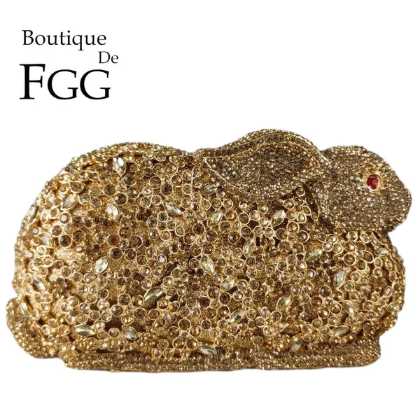 Boutique De FGG (in stock) Rabbit Bunny Women Crystal Evening Bags and Clutches Formal Rhinestone Minaudiere Purse and Handbag