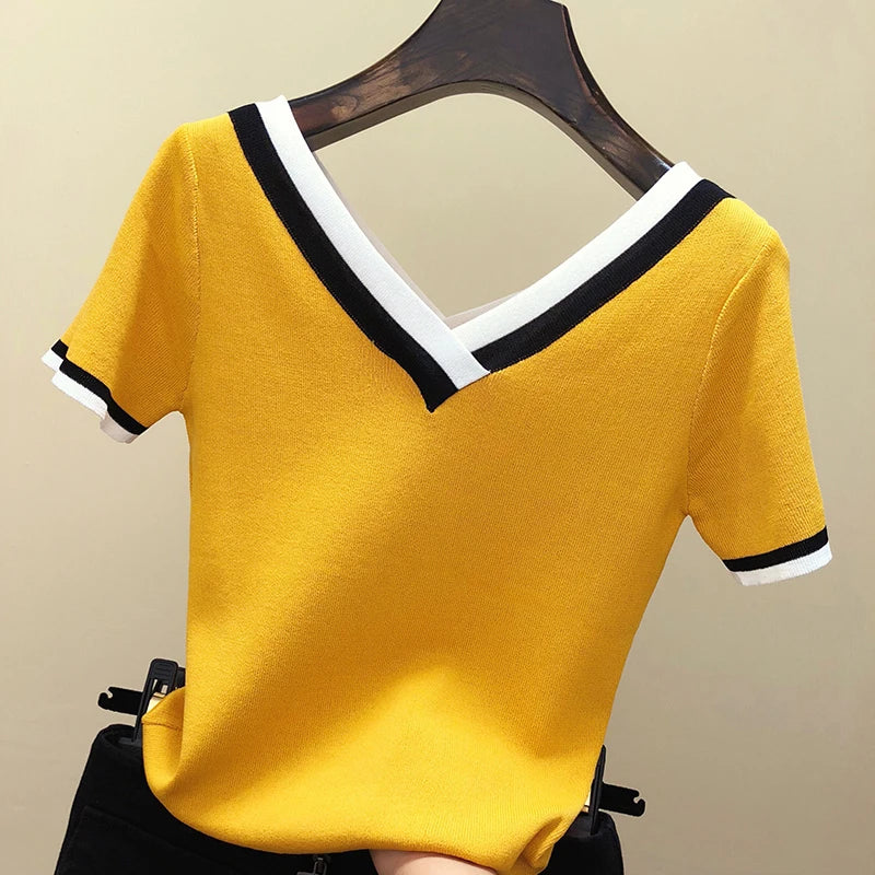 Contrast Color Striped Knitted Blouse Summer Top Shirt Woman Clothes V-Neck Short Sleeve Shirt Women Femme Camisetas Mujer 13362