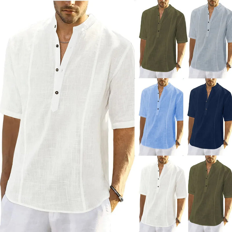 Men Summer V Neck Half Button Pullover Blouse Tops Casual Male Linen Half Sleeve Loose Blouse Shirts YLX-068