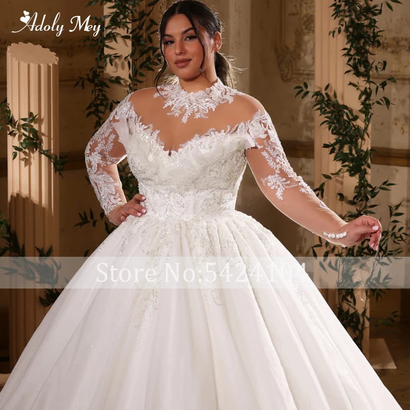 Gorgeous Appliques Chapel Train Ball Gown Wedding Dress 2024 Classic High Neck Beading Long Sleeve Embroidery Vintage Brdal Gown