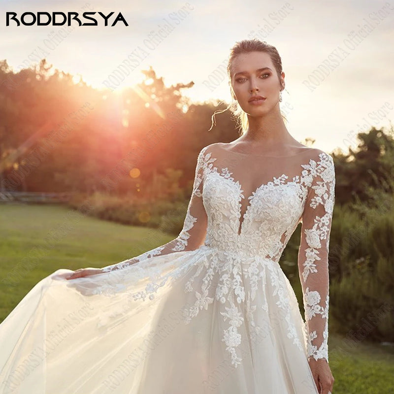 RODDRSYA Pastrol Wedding Dresses For Woman Long Sleeves Illusion Back Scoop Bride Gowns Applique A-Line Tulle vestidos de novia