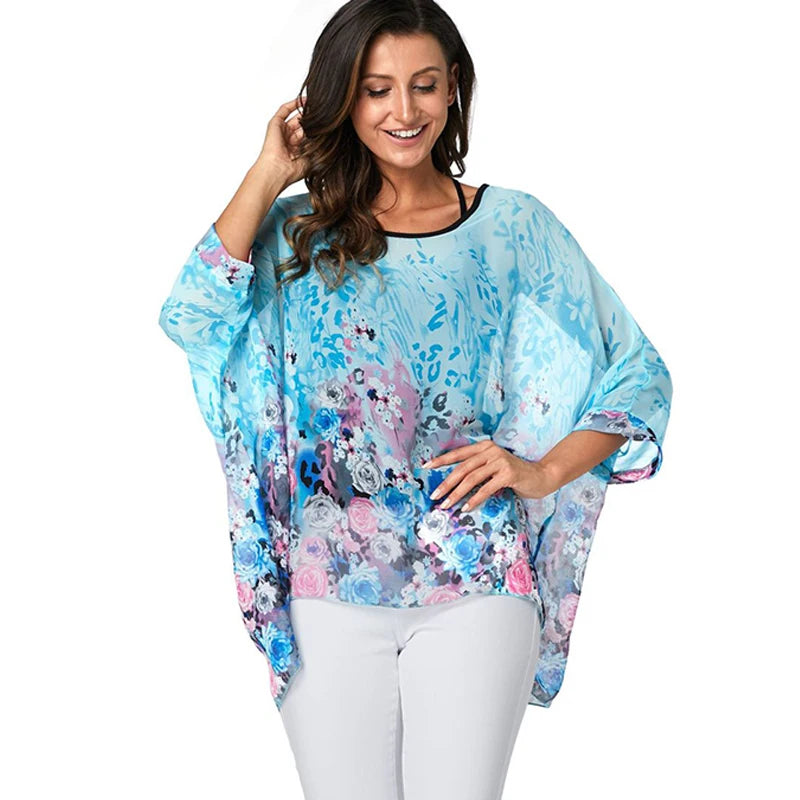 BHflutter Elegant Chic Chiffon Blouses Women New Fashion Batwing Casual Summer Tops Tunic Boho Style Beach Shirts Chemise Femme