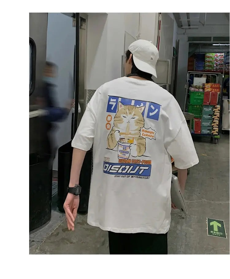 100% Cotton Men's T-shirts Japanese Style Cat Anime Graphic Tops Short Sleeve Summer Oversized Clothing O-neck Male Tees