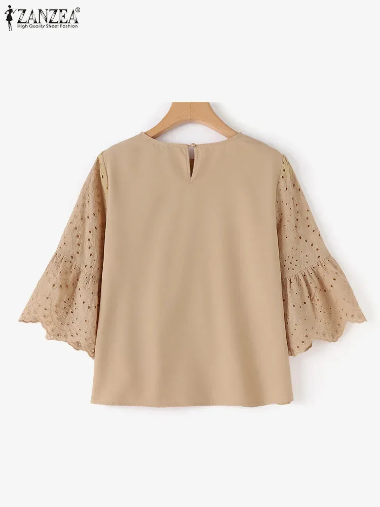 Women Elegant Lace Patchwork Blouse ZANZEA 2024 Summer 3/4 Ruffle Sleeve Casual Loose Blusa Everyday Hollow Out Solid Color Tops