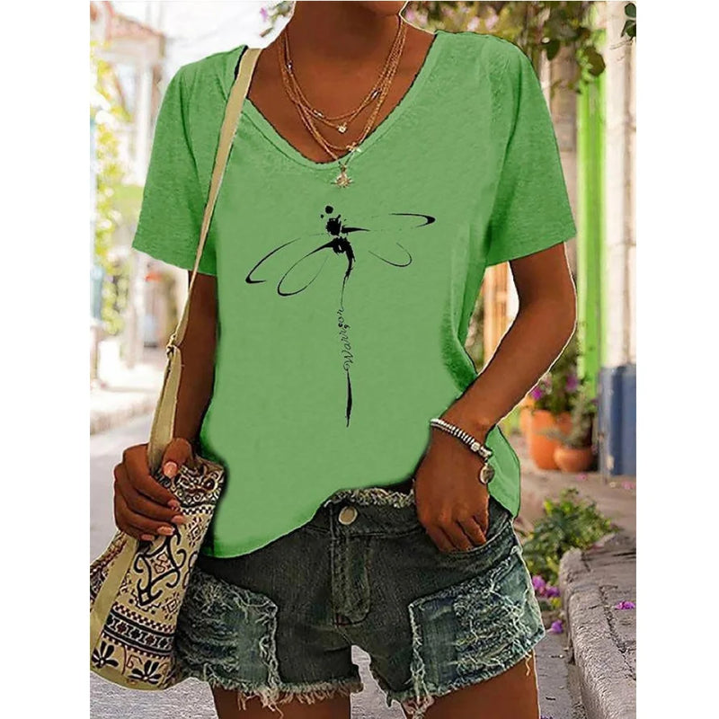 Women's T-Shirt Summer Dragonfly Print Tops Tees Casual Daily V Neck Blouse Women Oversized Pullovers Girls Minimalist Clothing