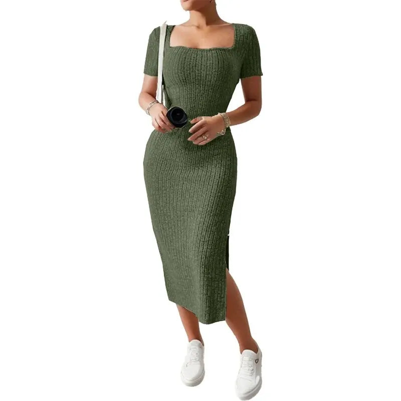 Summer Square Neck, Hip-Hugging Mid-Length Skirt, Short-Sleeved, Versatile Knitted Slit Dress