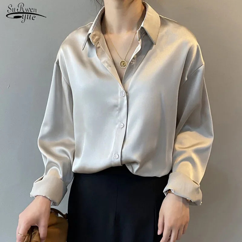 Spring 2024 Women Clothing Silk Shirt Vintage Blouse Women Sheer Top Women Long Sleeve Dress Shirt Loose Blouse Woman Overshirt