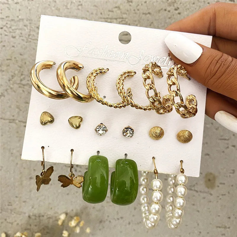Boho Big Circle Hoop Earring Set for Women, Gold Color Bohemia Vintage Pearl Earring, Heart Zircon Ear Studs Jewelry Gifts
