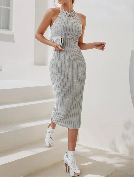 Solid Halter Neck Bodycon Dress Dodycon Dress Fashion New Designer Ribbed Midi Dress Women's Sleeveless Ribbed Knit Tank Dress