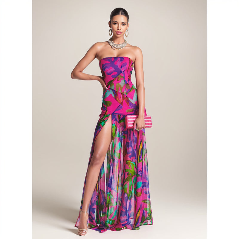 New Summer Tube Top Fashion Print Mid Length Long Length Casual and Comfortable Party Dinner Toast Name Gentle Dress