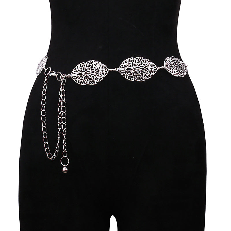 Fashion Simple Openwork Leaf Decorated Chain Belt Thin Waist Chain Ladies Decoration Waistband Dress Metal Jewelry Accessories