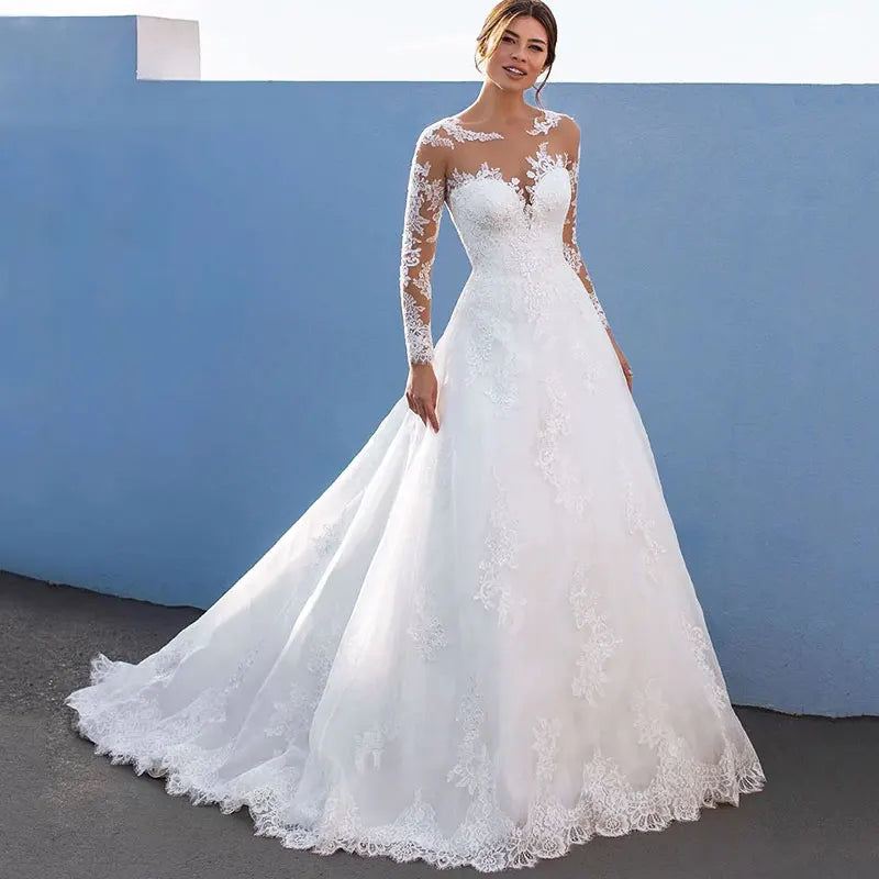 JEHETH Elegant A-Line Wedding Dresses For Women Long Lace Sleeves With Appliques Bridal Gown Illusion Tulle vestidos de novia