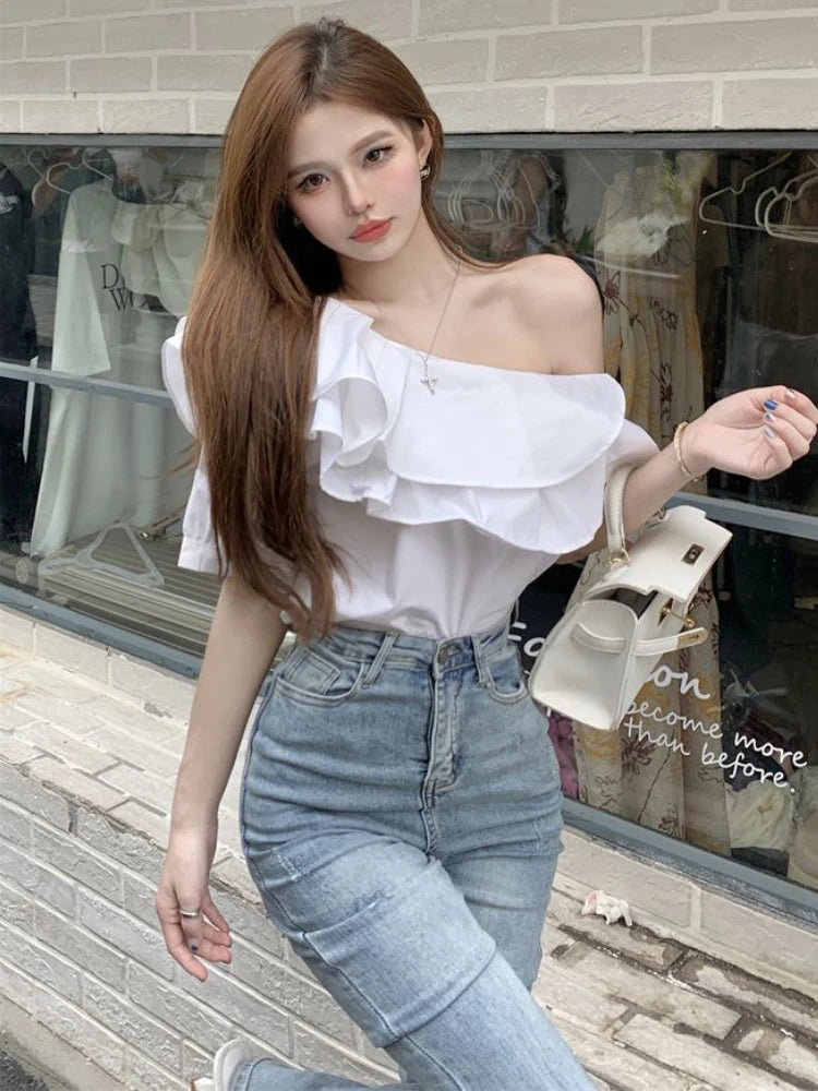 One Shoulder Blouses Women 5 Colors Elegant Ruffles Chic Irregular Summer Fashion Streetwear Ins Minimalist Office Lady Casual