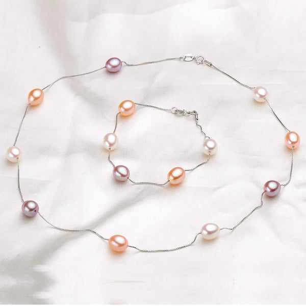 HENGSHENG Natural Pearl Necklace/Bracelet Jewelry Sets 925 Sterling Silver Chain with Freshwater Pearl Jewelry Gift for Women