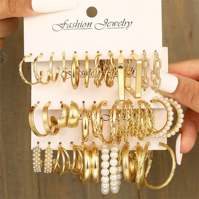 Boho Big Circle Hoop Earring Set for Women, Gold Color Bohemia Vintage Pearl Earring, Heart Zircon Ear Studs Jewelry Gifts
