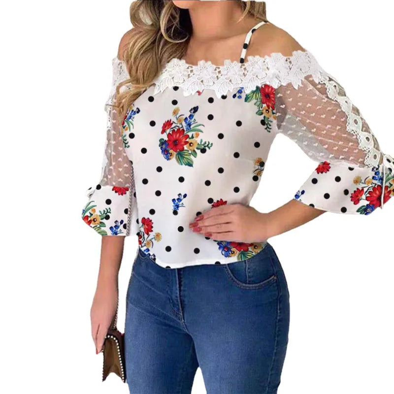 Vintage Embroidered Print Shirt Lace Blouses Shirts Sexy Club Female Mesh Patchwork Shirts Sexy Slash Neck Summer Fashon Tops