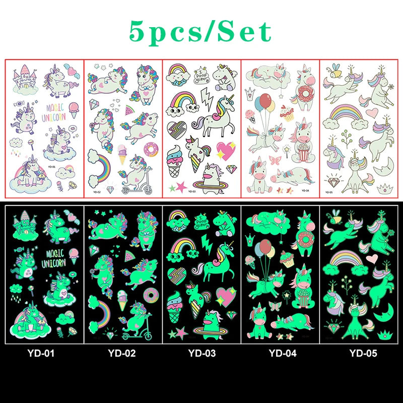Luminous Tattoo 5 10pcs/Set Temporary Tattoos Mermaid Licorne Children Stickers for Kids Pokemon Tattoo Tattoo for Kids Unicorn