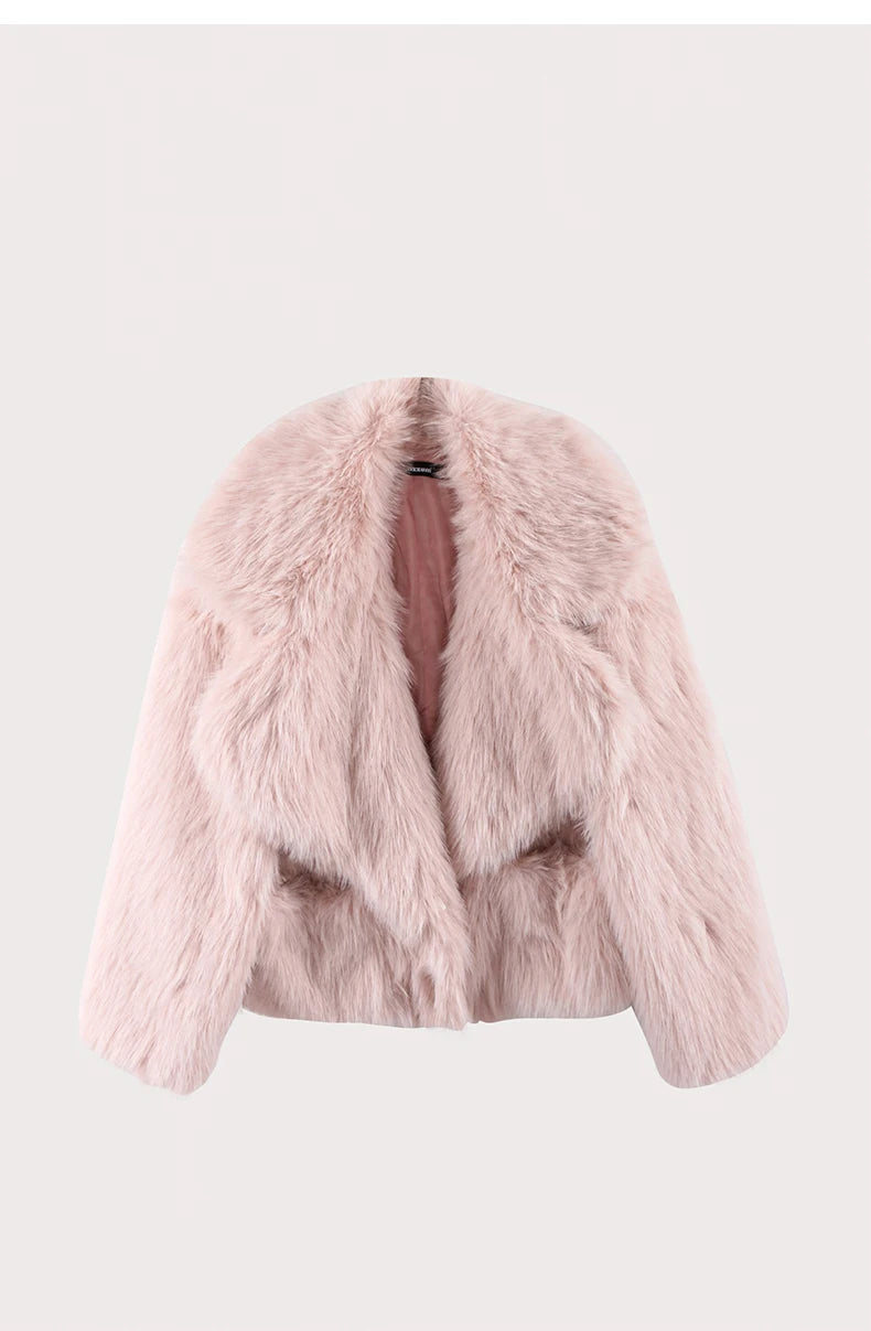 Nerazzurri Winter Short Loose Casual Hairy Soft Thick Warm Pink Faux Fur Coat Women with Big Collar and Pockets Fluffy Jacket