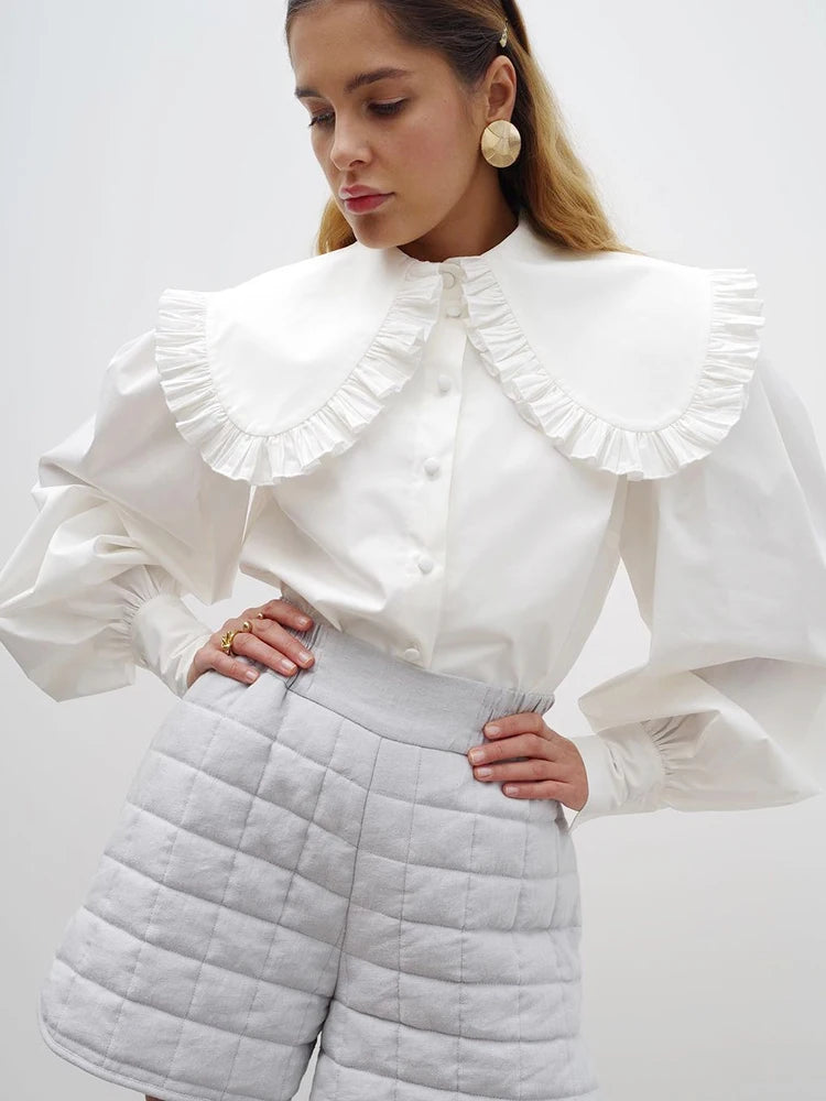 Mnealways18 Big Peter Pan Collar Ruffle Womens Blouse Long Sleeve White Cotton Casual Tops Female Spring Summer Frill Shirt 2024