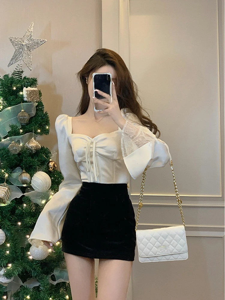 2023 Spring Long Sleeve Elegant Satin Blouse Women Slim Square Neck Y2k Clothing Korean Fashion Casual Shirts Office Lady Tops