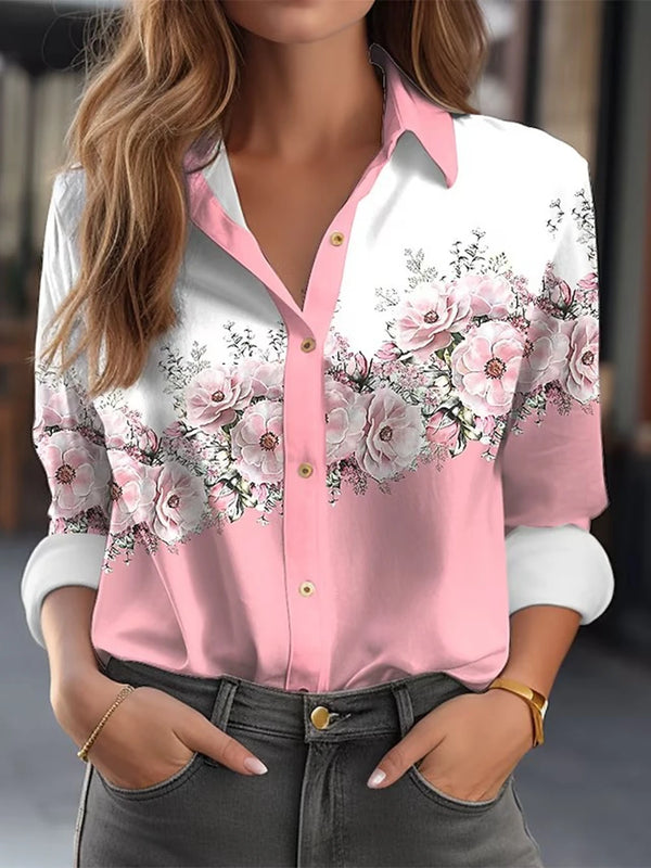 Women Shirts & Blouses Pink Light Green Floral Button Print Long Sleeve Elegant Shirt Party Fashion Shirt Female Clothing Blouse