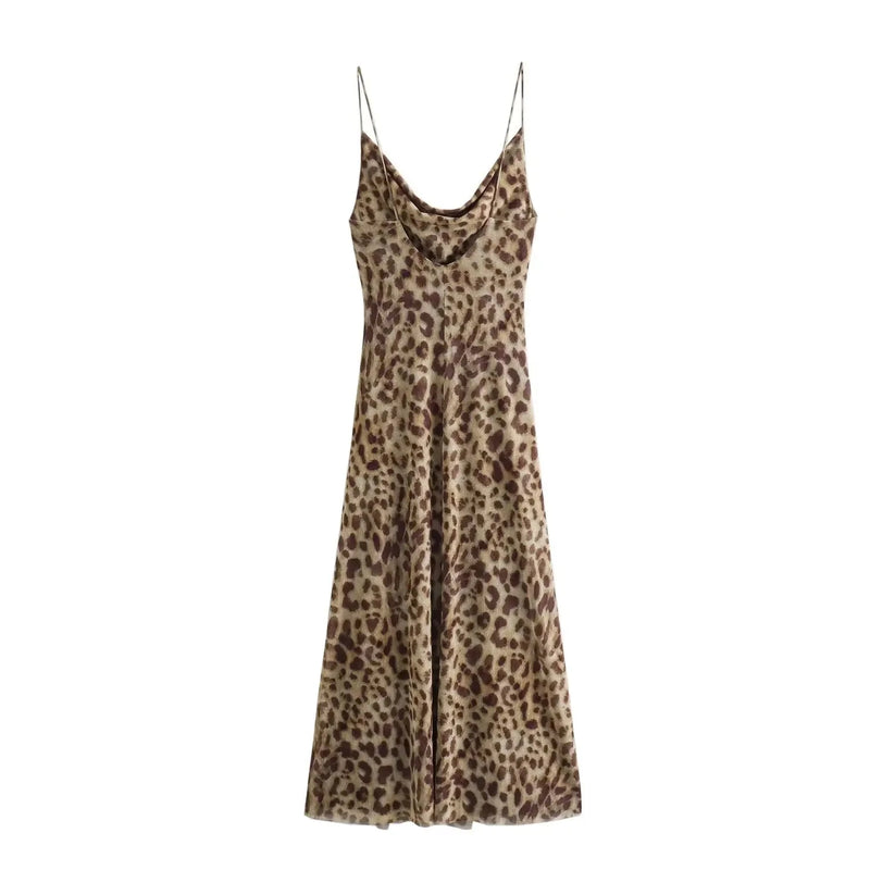 TRAFZA 2024 Summer New Woman Dress Leopard Print Sleeveless Vintage Slim Long Dresses Sexy Backless Female Spaghetti Strap Dress