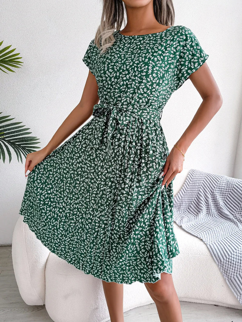 Women Spring Summer Short Sleeve High Waist Chic Dress Fashion Floral Pleated A Line Long Dress