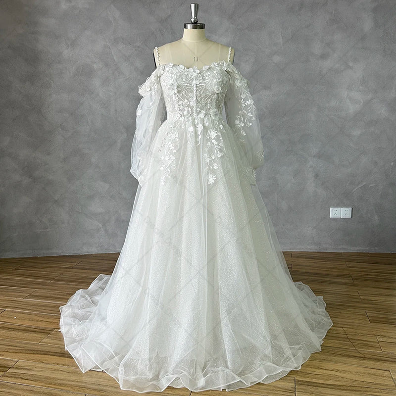 DREAM Off Shoulder Lace Glitter Tulle Wedding Dresses Long Puff Sleeve 3D Flowers Boho Bride Gown 2024 Vestidos De Novia