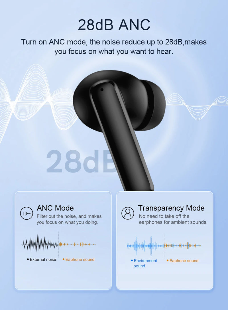 QCY T13 ANC Earphone Bluetooth 5.3 Active Noise Cancellation -28dB Wireless Headphone Fast Charge Earbuds 0.068' Low Latency