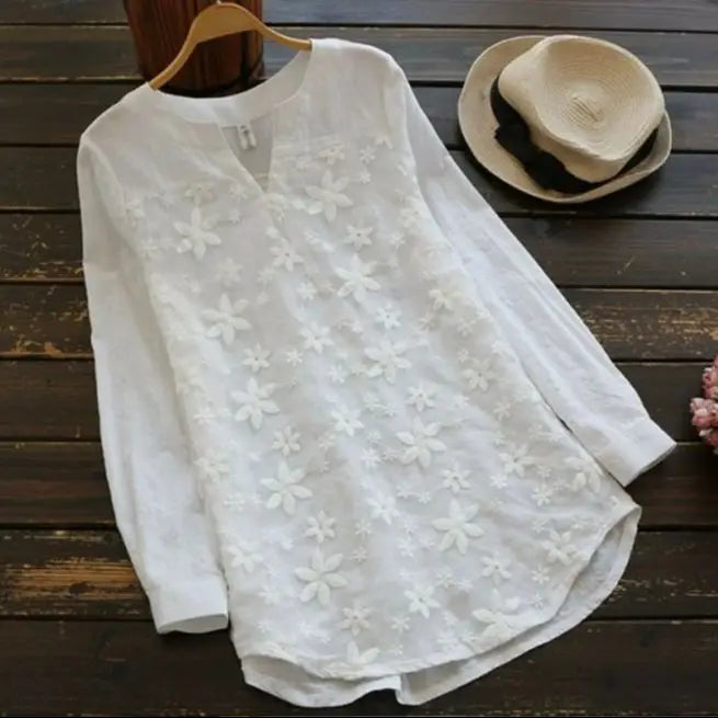 2024 Summer Autumn Hot Blouse Women Lace Long Sleeve Tops V Neck Embroidery Loose Plus Size S-5XL Elegant Shirt Blusas Female