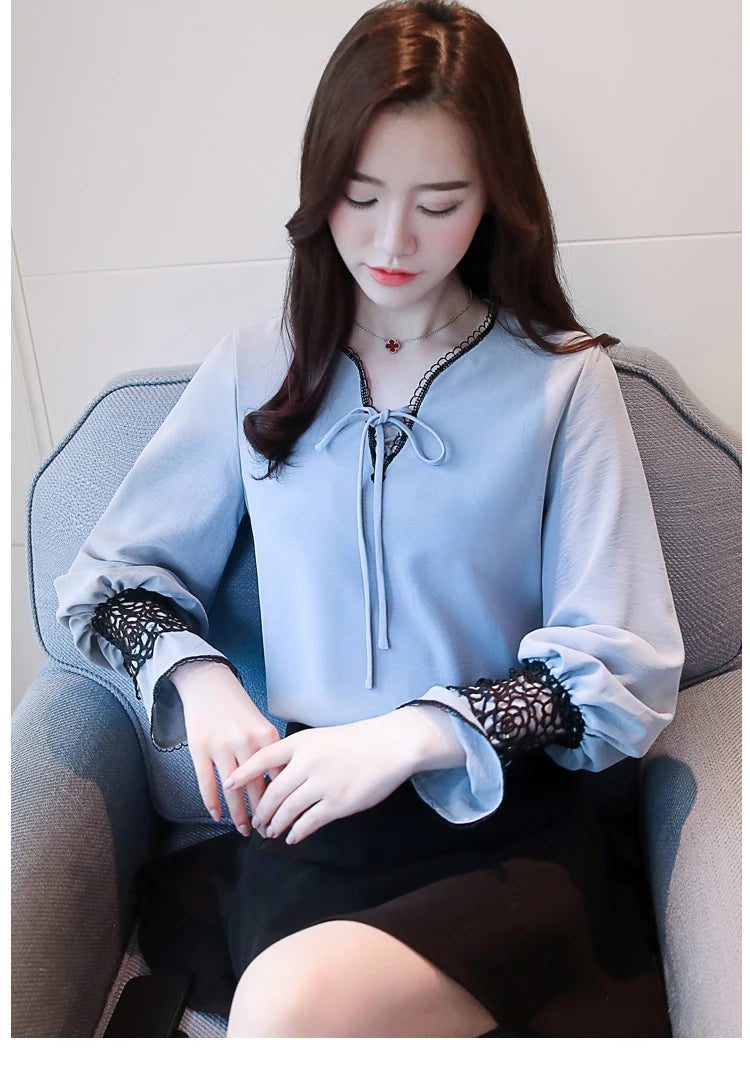 Women's Lantern Sleeve Chiffon Shirt Female Long-sleeved V-neck New Loose Bow Tie Openwork Lace Blouse Top