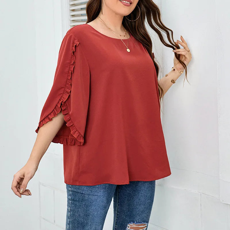 Plus Size Women Clothing Autumn Fashion Ruffled O Neck Half Sleeve Solid Loose Chiffon Shirt Blouse Office Ladies Tunic Tops 4XL