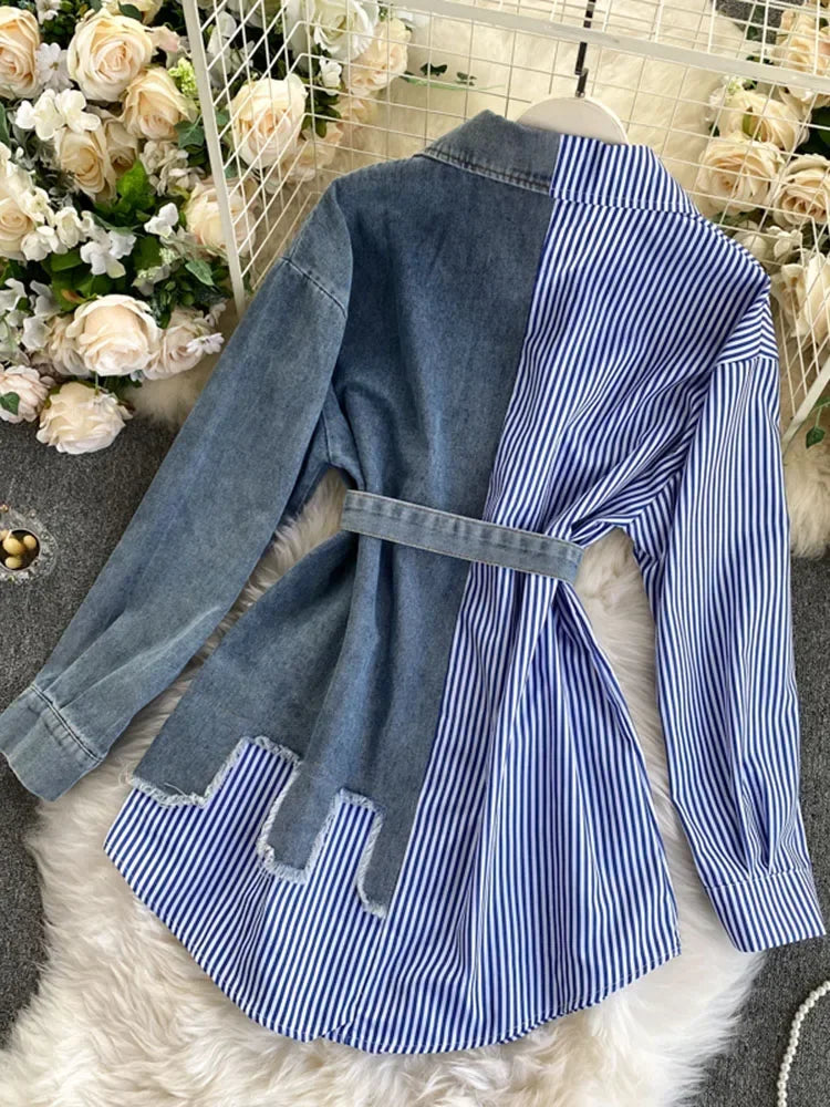 Spring Autumn Women's Denim Shirt Color Contrast Patchwork Lace Up Blouse Shows Thin Versatile Top Fashion GD596