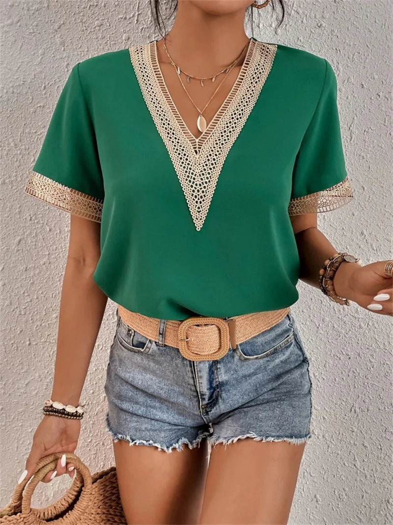 Women's V-neck Splicing Lace Blouse Elegant Commuter Loose Short Sleeve Shirt Female 2023 Summer British Style Daily Casual Tops