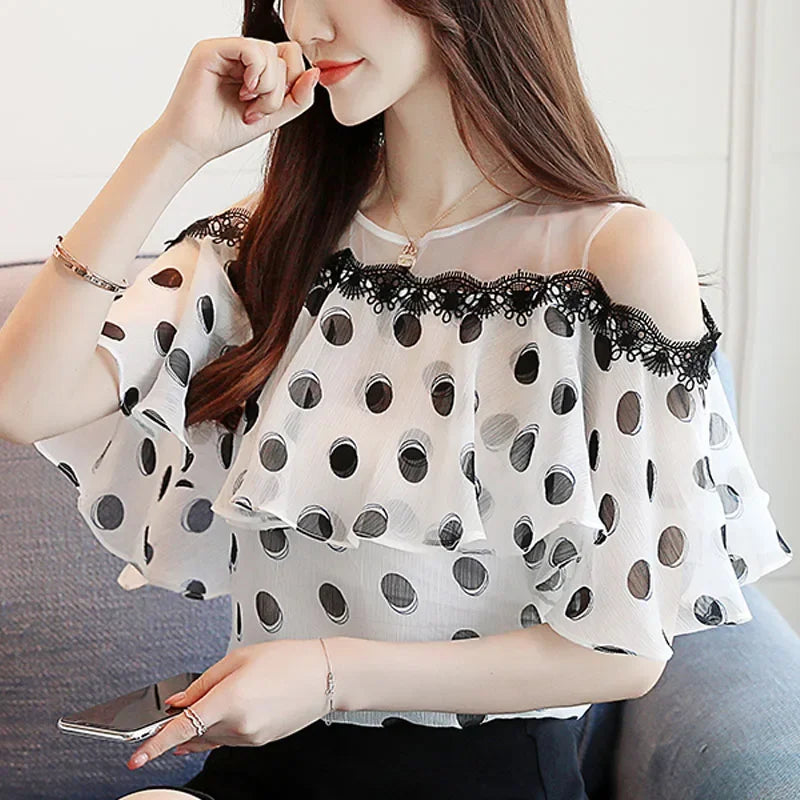 Summer Fashion Shirts Women Elegant Short Sleeve Ladies Tops Sweet Polka Dot Chiffon White Blouse Casual Loose New Blusas 0611