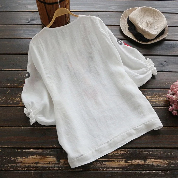 Women Cotton Linen Floral Embroider  Blouses Boho Ethnic Lantern Sleeve Shirts Vintage Retro Hippie Casual Tops Summer Blusa