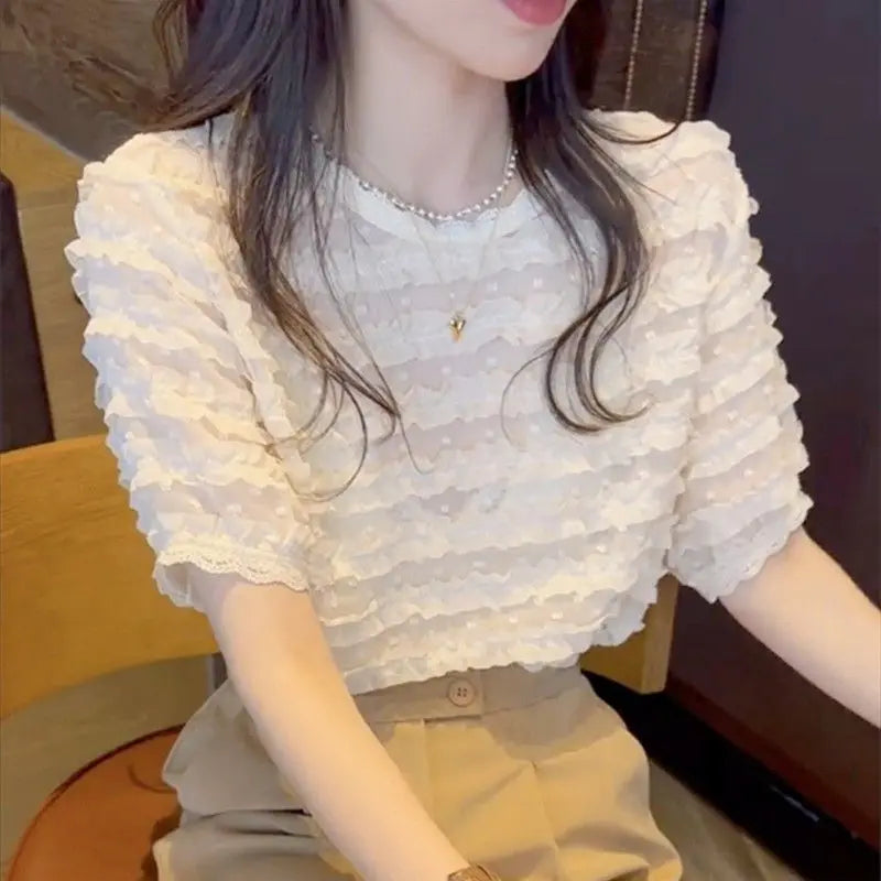 2023 Women Ruffle Lace Patchwork Design Blouses Summer Trendy Round Neck Short Sleeve White Shirts Casual Sweet Chic Tops Blusa
