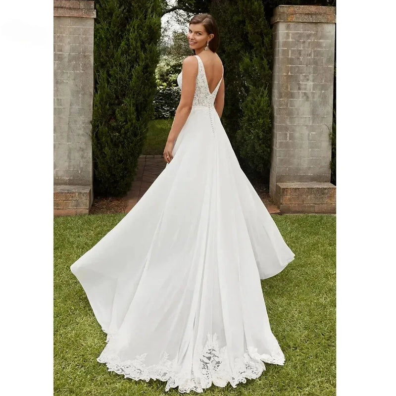 Boho Elegant Wedding Dress For Women 2023 V-neck Backless Appliques Lace Button Bridal Gown Vestidos De Novia Chiffon